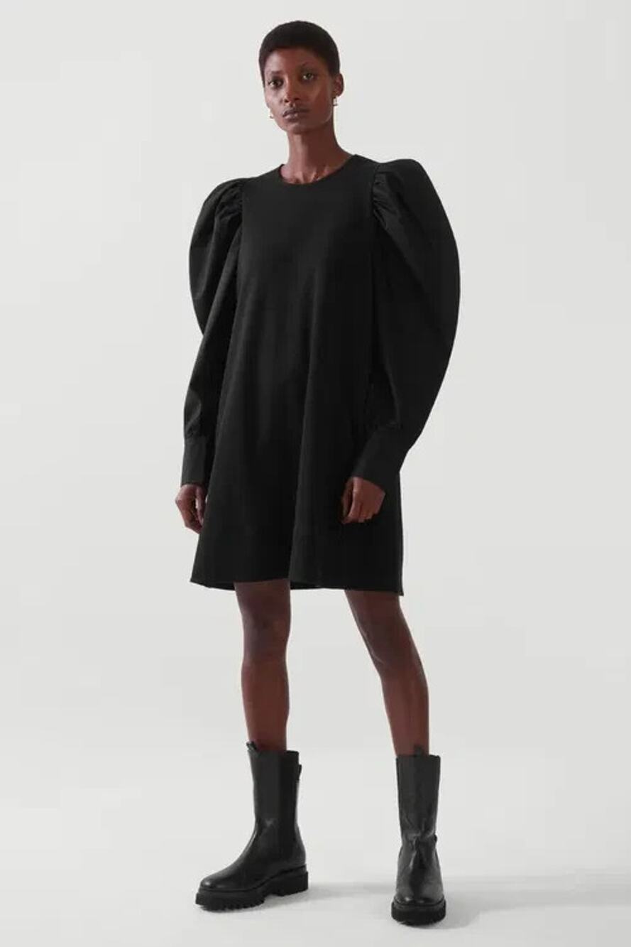 COS Puff Sleeve A Line Dress Black Medium Womens Minimalist Grunge
